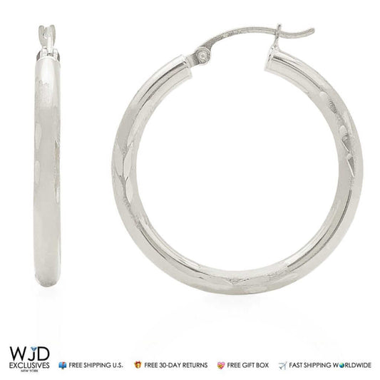 14K Solid White Gold 3mm Thick Diamond Cut Hoop Earrings 1.2"
