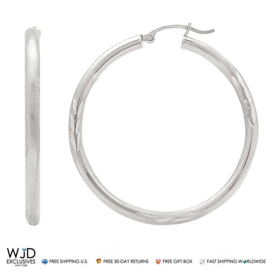 14K Solid White Gold 3mm Thick Diamond Cut Hoop Earrings 1.6"