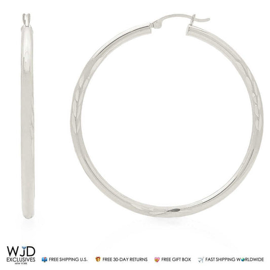 14K White Gold 3mm Wide Diamond-Cut Hoop Earrings 2"