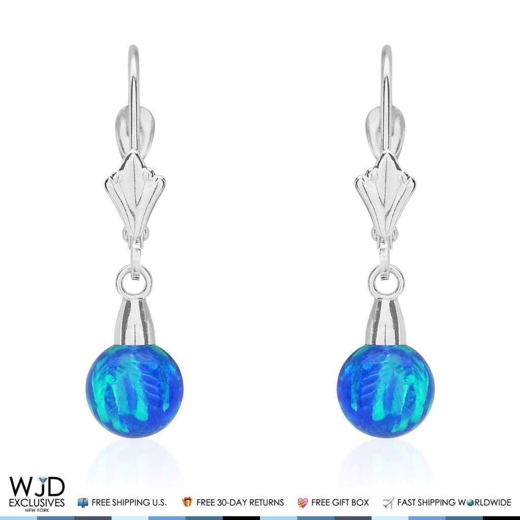 14K Solid White Gold 6 mm Ball Shaped Blue Fire Opal Leverback Dangle Earrings