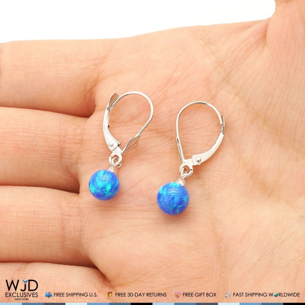 14K Solid White Gold 6 mm Ball Shaped Blue Fire Opal Leverback Dangle Earrings
