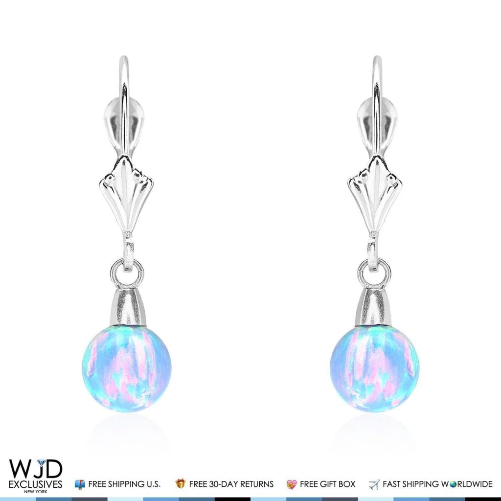 14K Solid White Gold 7mm Blue Fire Opal Ball Leverback Dangle Earrings