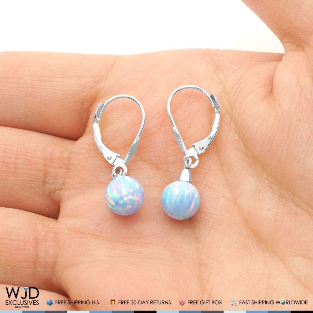 14K Solid White Gold 7mm Blue Fire Opal Ball Leverback Dangle Earrings