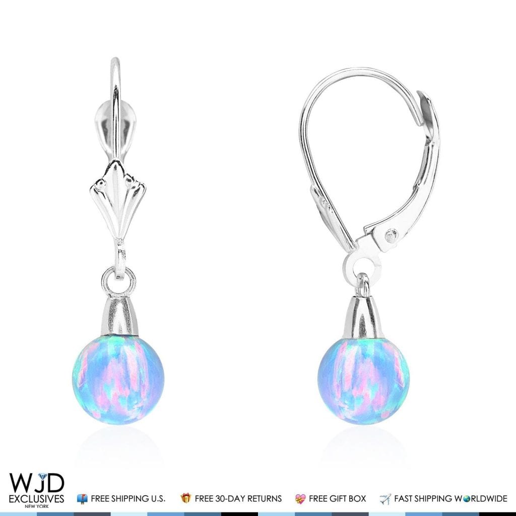 14K Solid White Gold 7mm Blue Fire Opal Ball Leverback Dangle Earrings