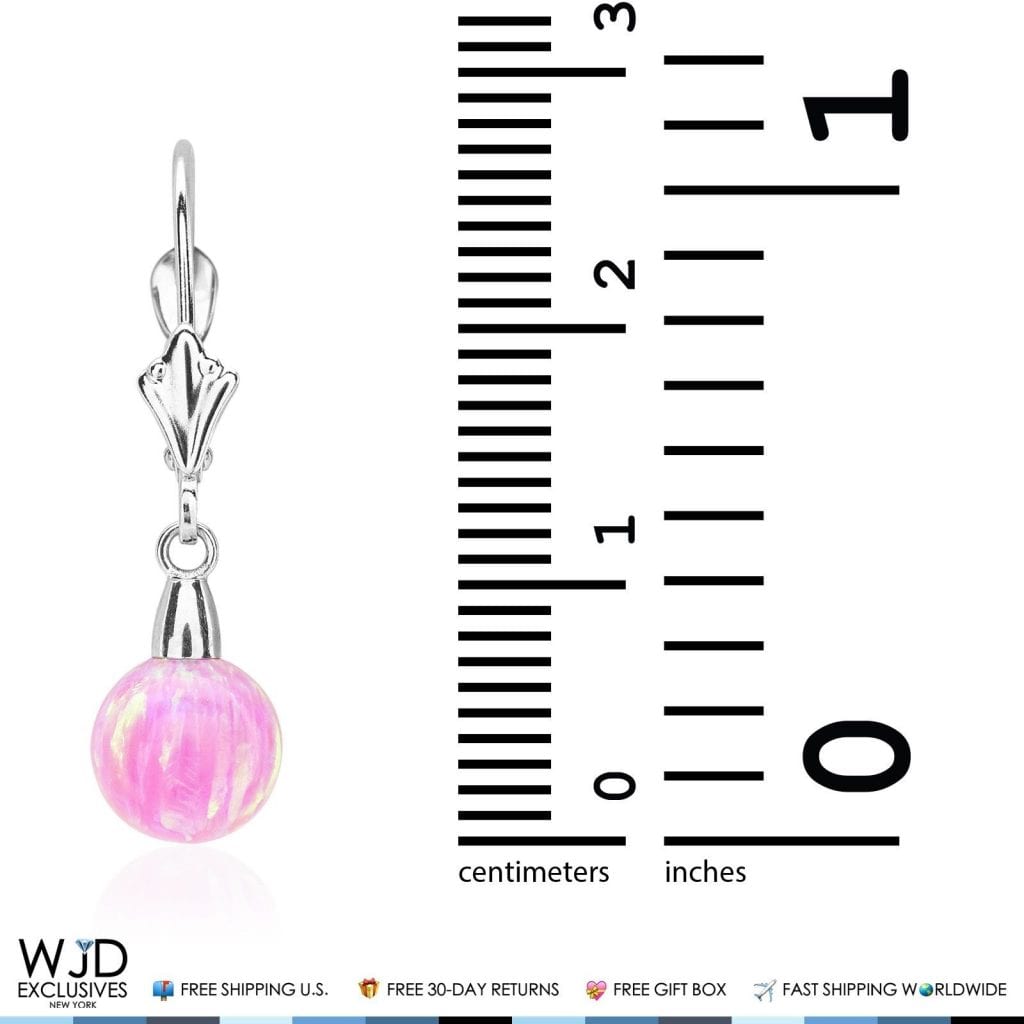 6mm-10mm Ball Shaped Pink Fire Opal Leverback Dangle Earrings 14K White Gold