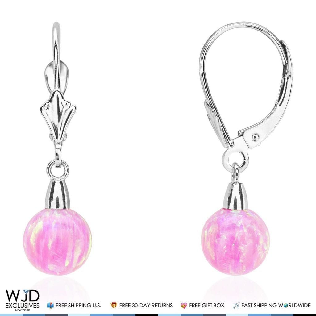 6mm-10mm Ball Shaped Pink Fire Opal Leverback Dangle Earrings 14K White Gold