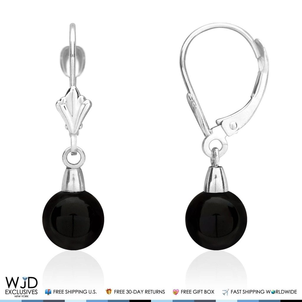 6mm-10mm Diameter Ball Shaped Onyx Dangle Leverback Earrings 14K White Gold