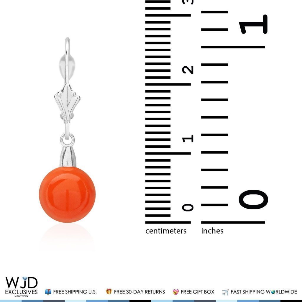 14K Solid White Gold 8mm Ball Shaped Orange Coral Leverback Dangle Earrings 1"