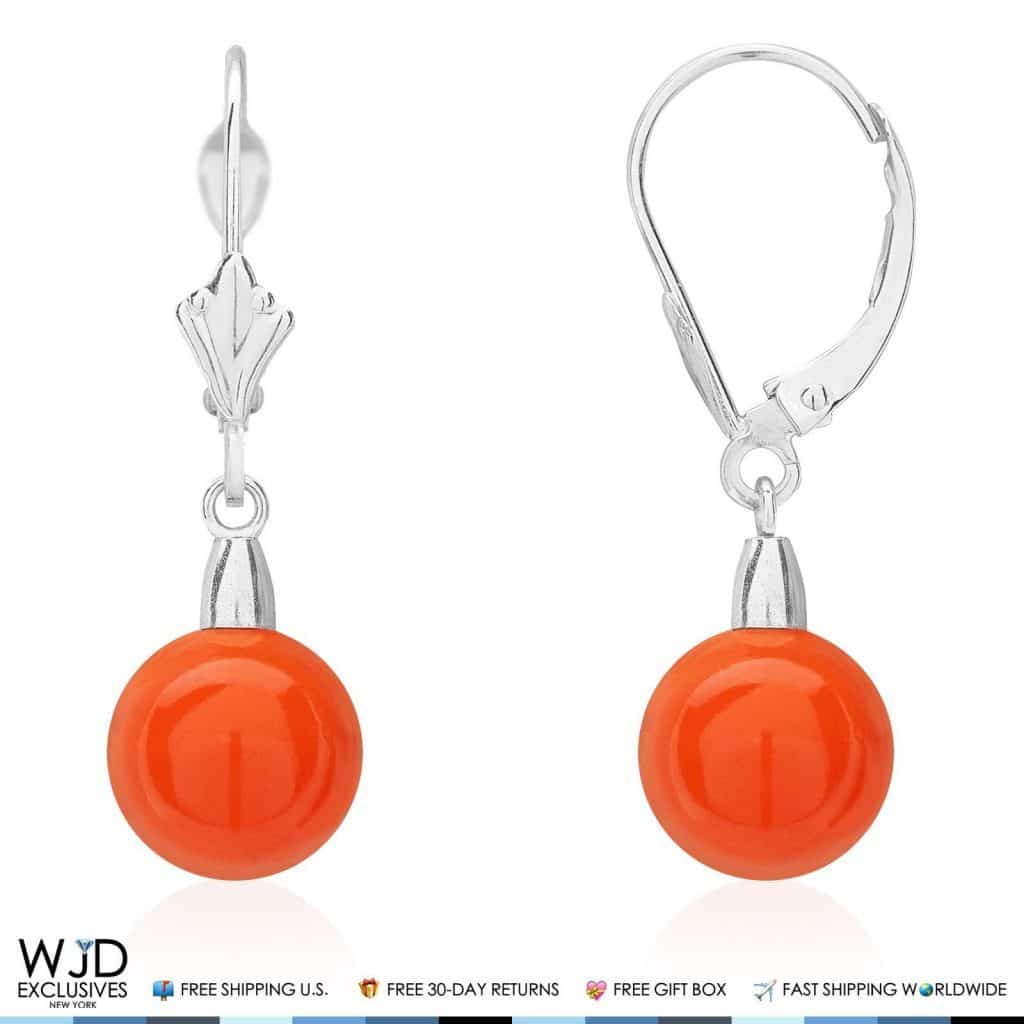 14K Solid White Gold 8mm Ball Shaped Orange Coral Leverback Dangle Earrings 1"