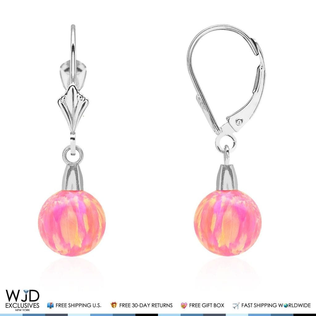 6mm-10mm Ball Peach Pink Fire Opal Leverback Dangle Earrings 14K White Gold