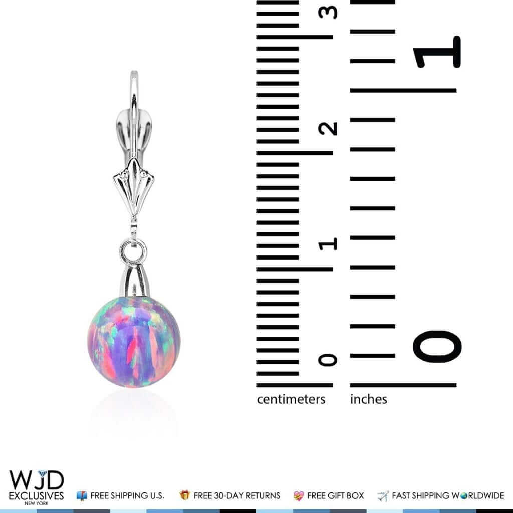 14K White Gold 8mm Ball Shaped Purple Fire Opal Leverback Dangle Earrings