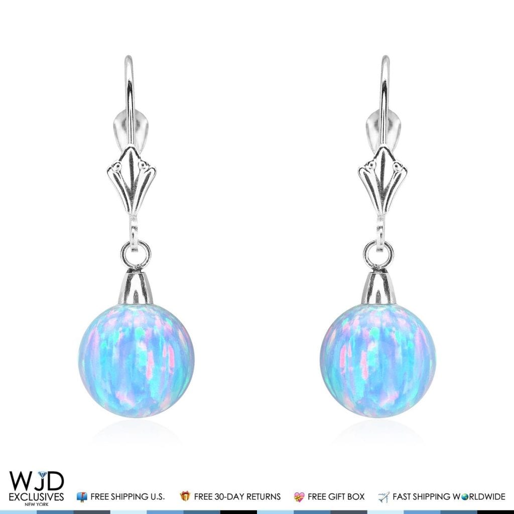 14K Solid White Gold 9 mm Ball Shaped Blue Fire Opal Leverback Dangle Earrings