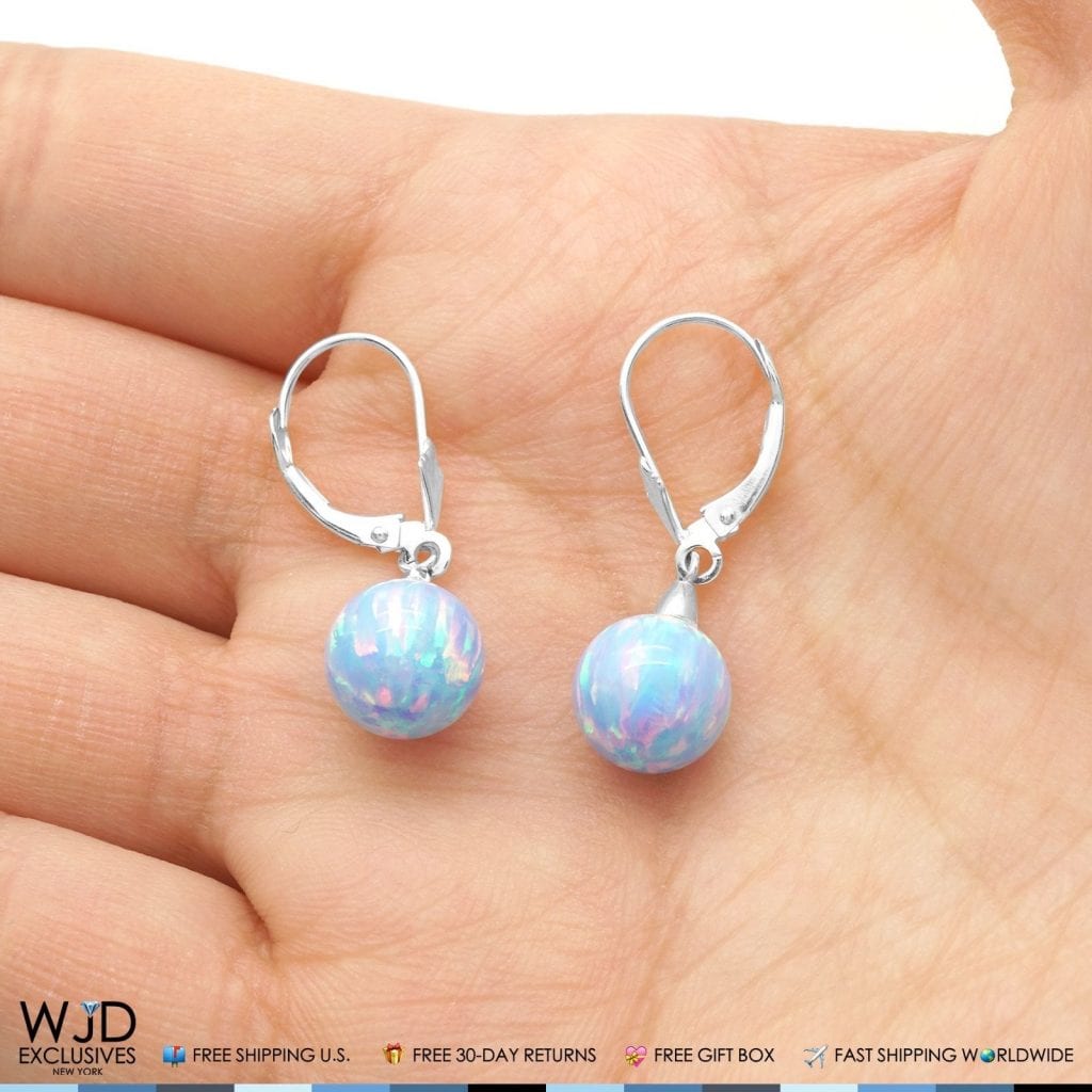 14K Solid White Gold 9 mm Ball Shaped Blue Fire Opal Leverback Dangle Earrings