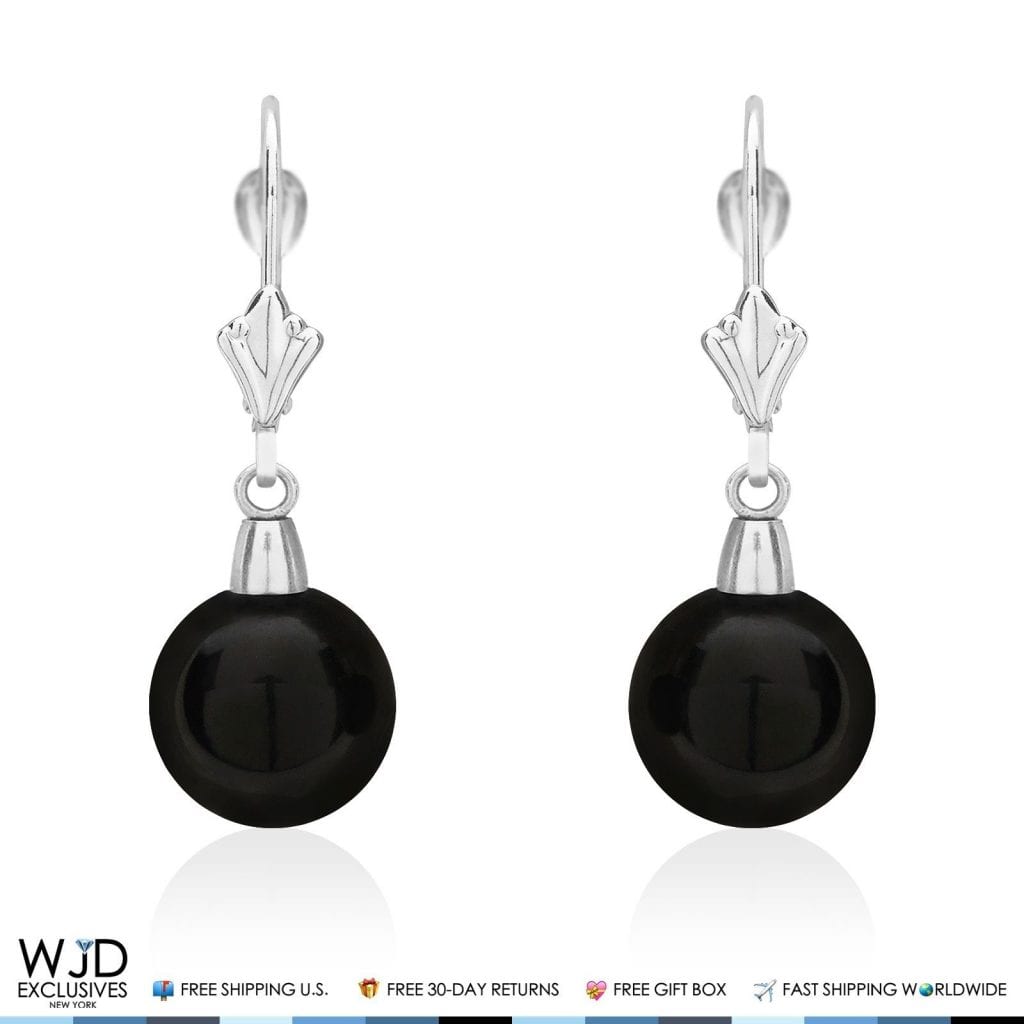 6mm-10mm Diameter Ball Shaped Onyx Dangle Leverback Earrings 14K White Gold