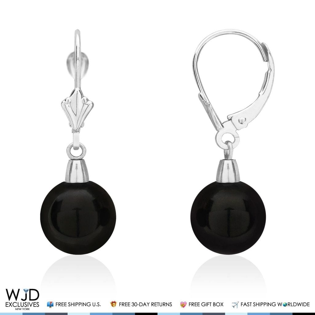 6mm-10mm Diameter Ball Shaped Onyx Dangle Leverback Earrings 14K White Gold