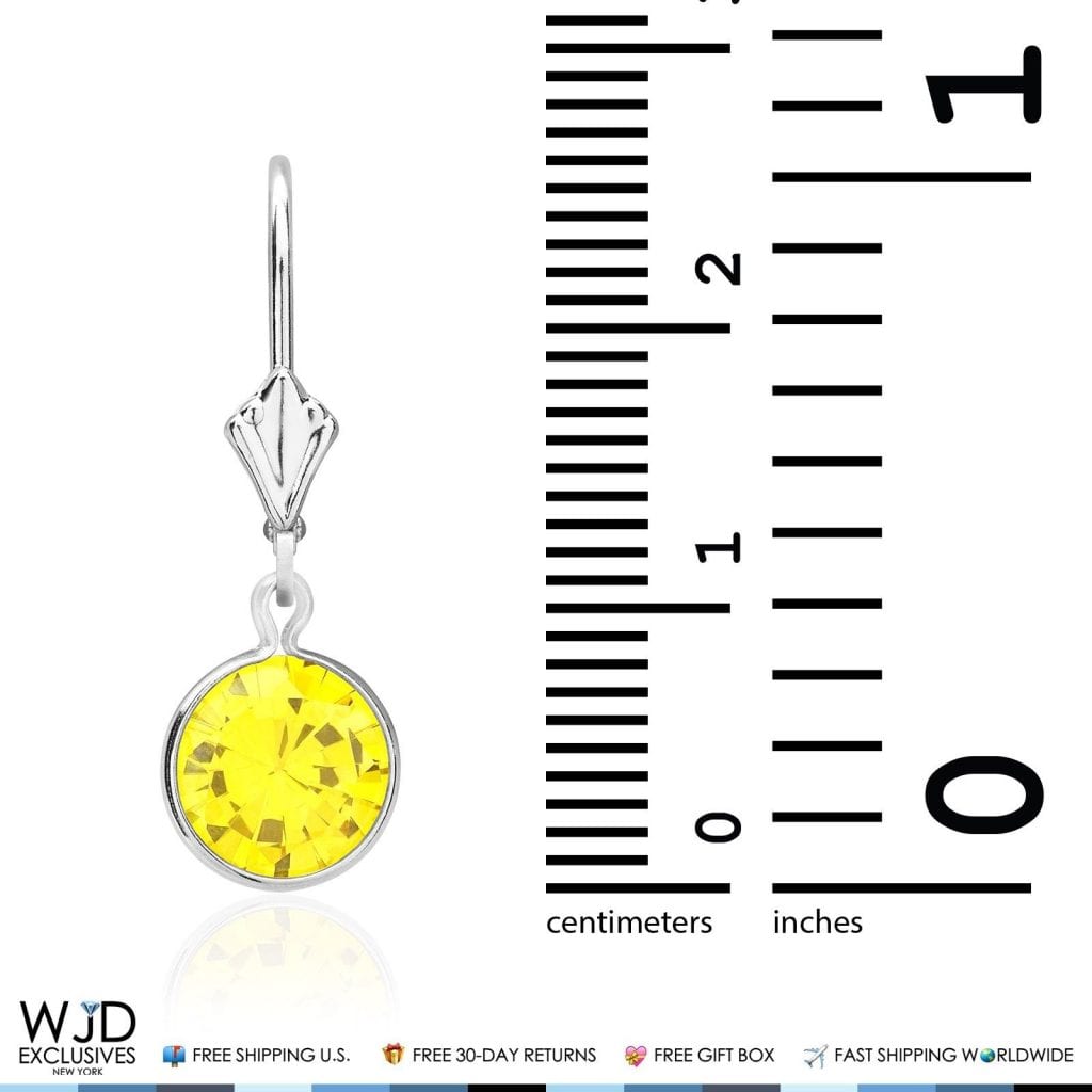 14K White Gold Bezel Round Simulated Citrine Dangle Drop Lever Back Earrings 1"