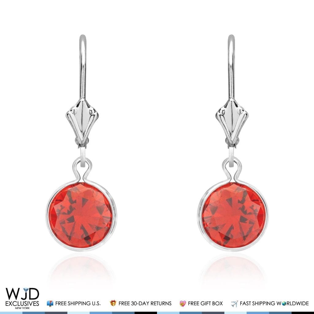 14K White Gold Bezel Round Simulated Garnet Dangle Drop Lever Back Earrings 1"