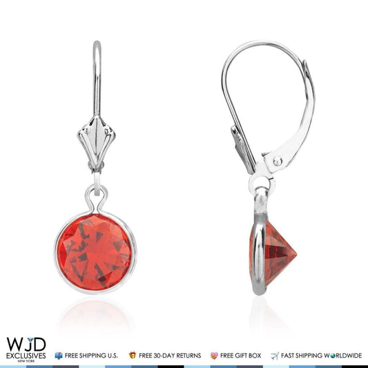14K White Gold Bezel Round Simulated Garnet Dangle Drop Lever Back Earrings 1"