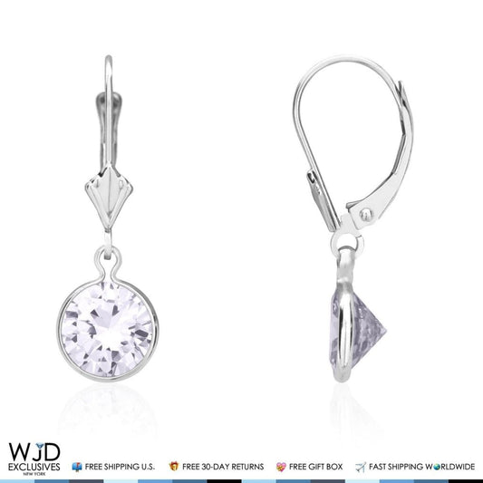 14K White Gold Bezel Set Round Zircon Lever Back Dangle Earrings 1"