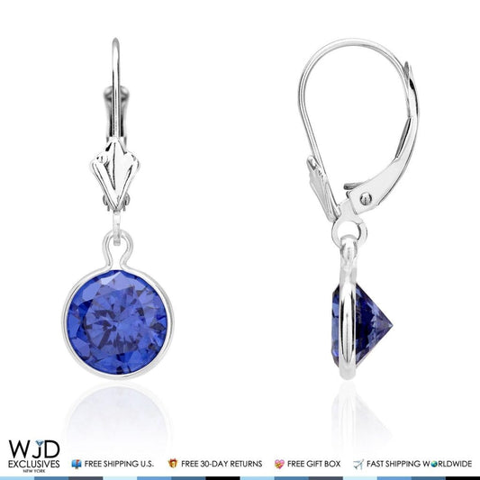14K White Gold Bezel Round Simulated Sapphire Dangle Drop Lever Back Earrings 1"