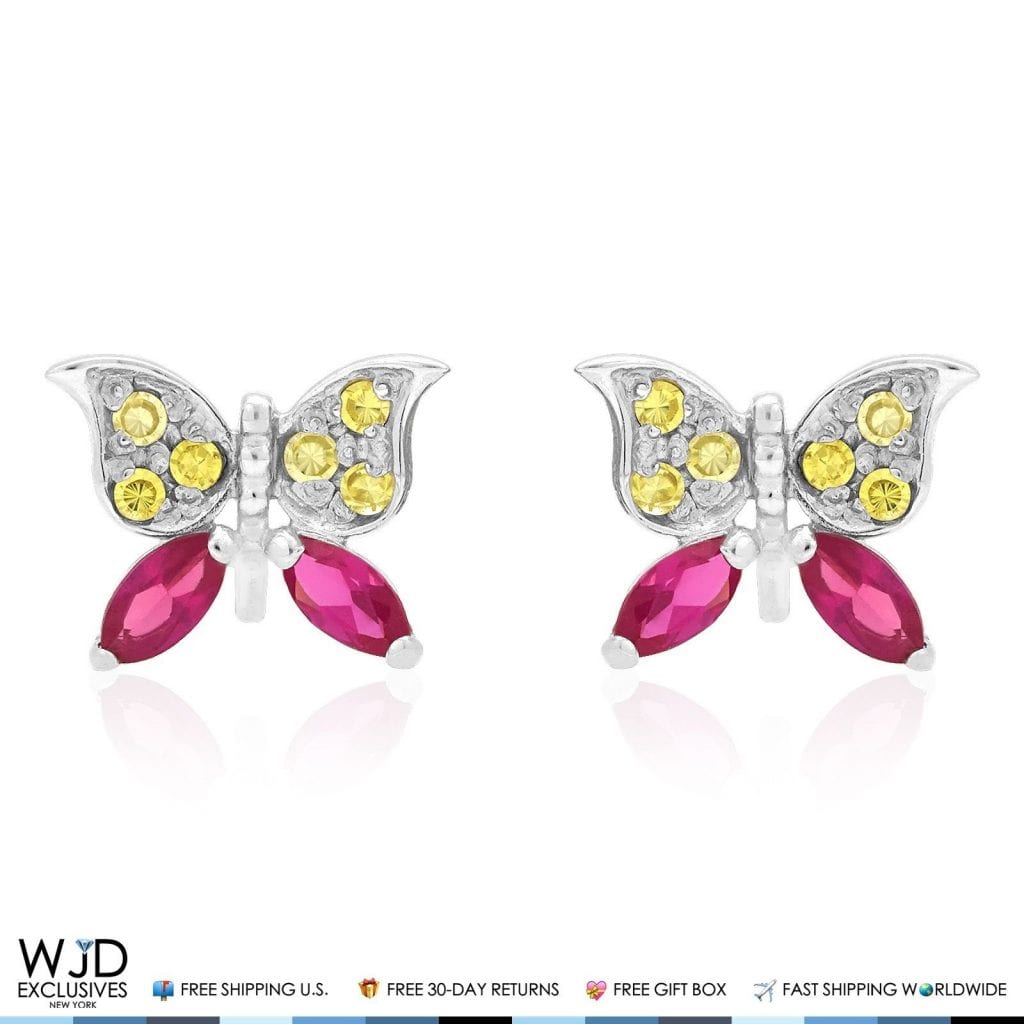 14K White Gold Simulated Citrine & Ruby Butterfly Screwback Stud Kids Earrings