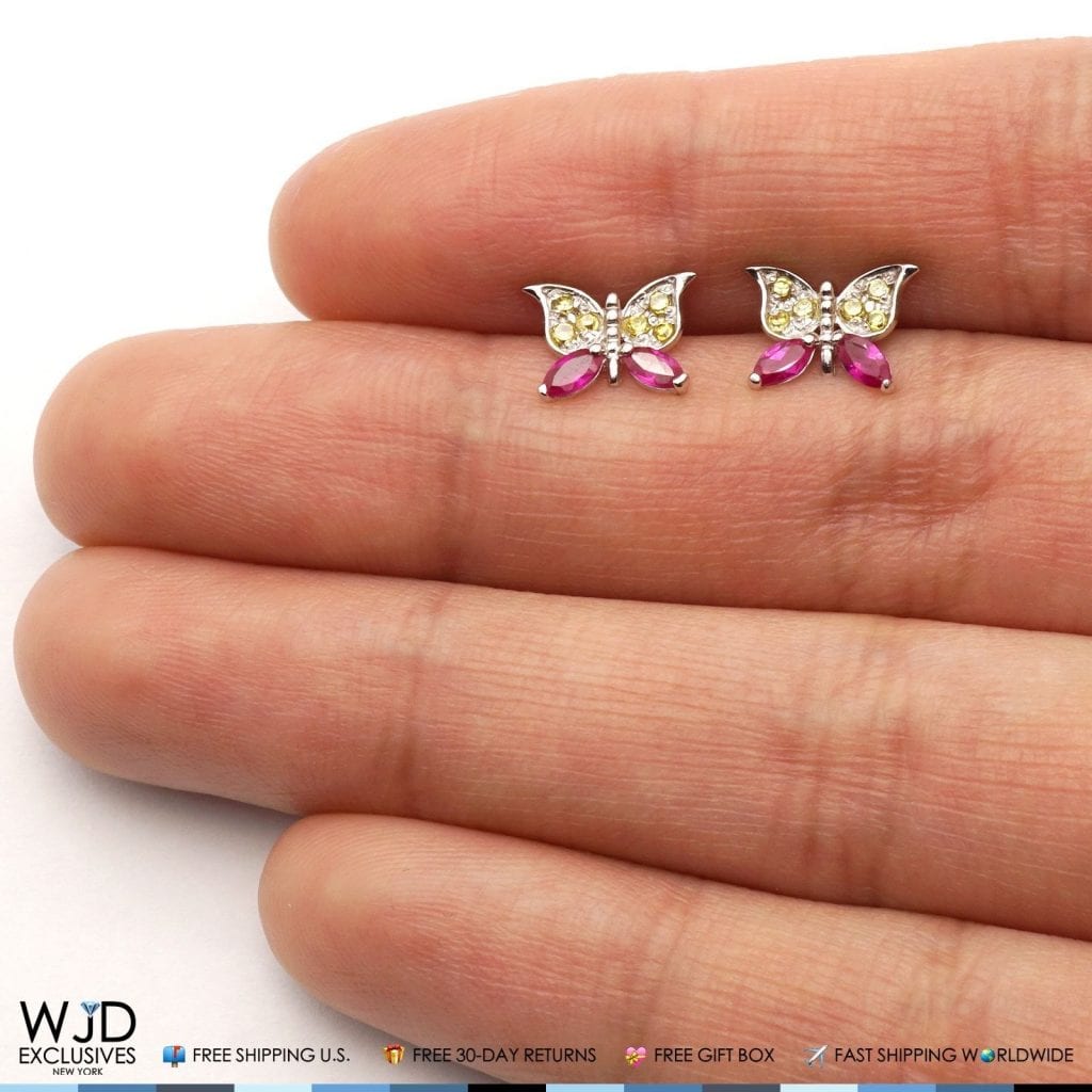 14K White Gold Simulated Citrine & Ruby Butterfly Screwback Stud Kids Earrings