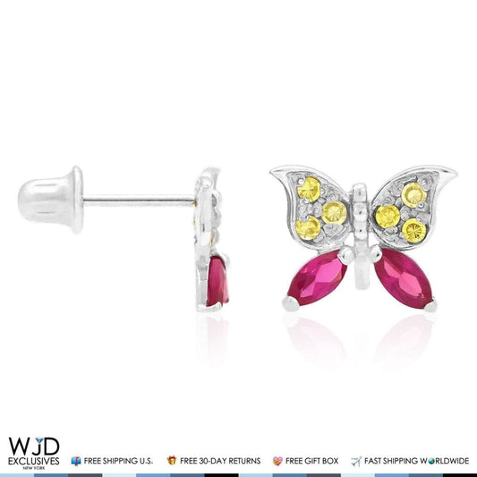 14K White Gold Simulated Citrine & Ruby Butterfly Screwback Stud Kids Earrings