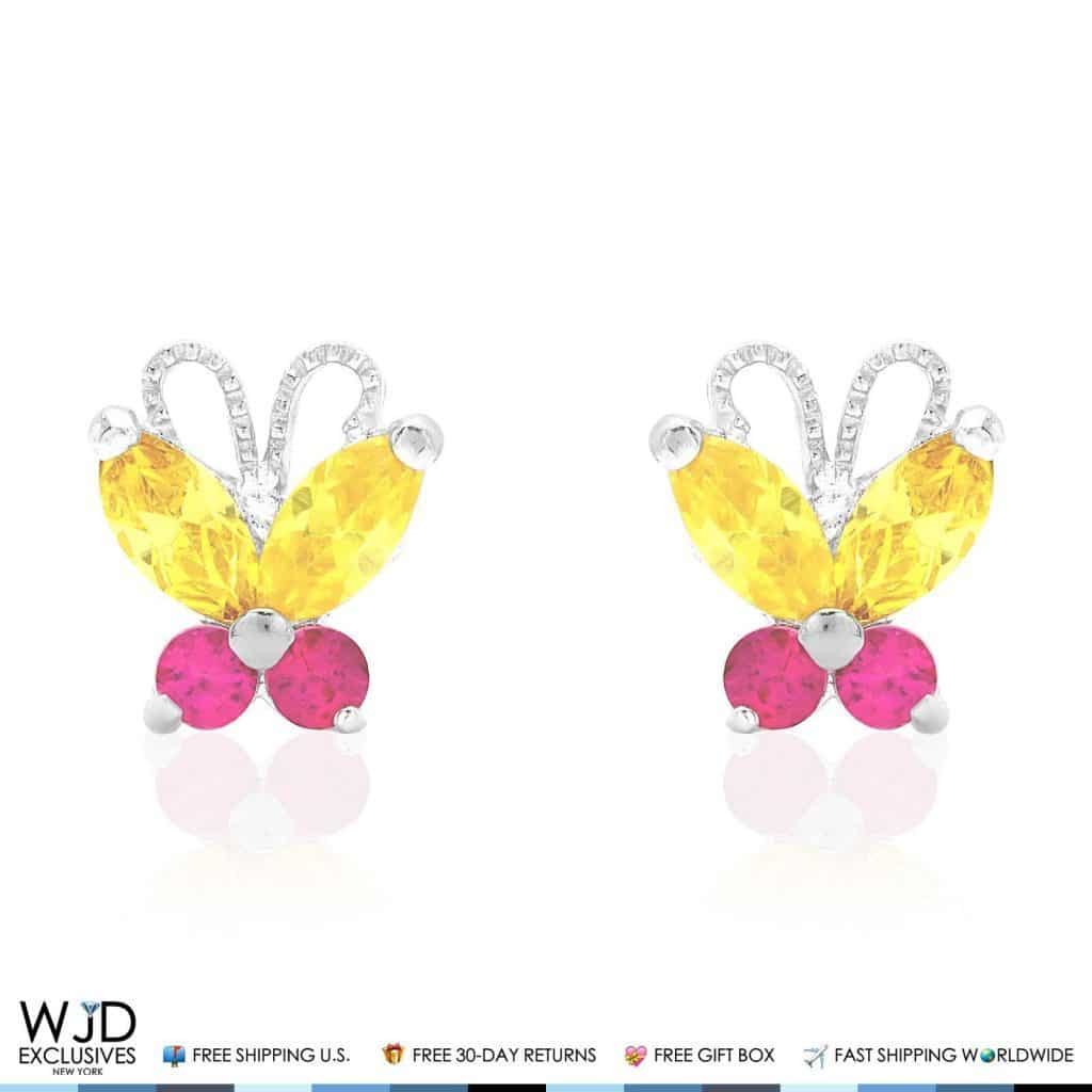 14K Solid White Gold Citrine & Ruby Butterfly Baby Screwback Stud Kids Earrings