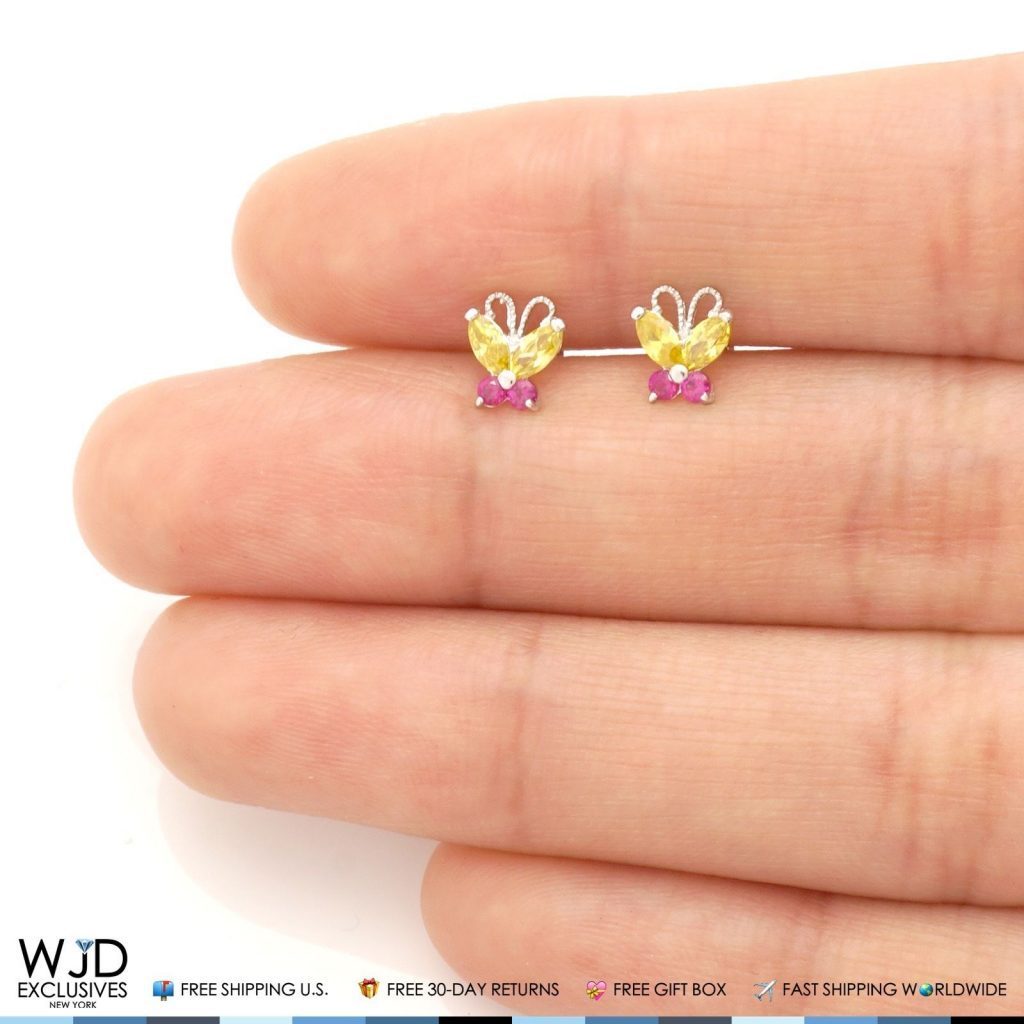 14K Solid White Gold Citrine & Ruby Butterfly Baby Screwback Stud Kids Earrings