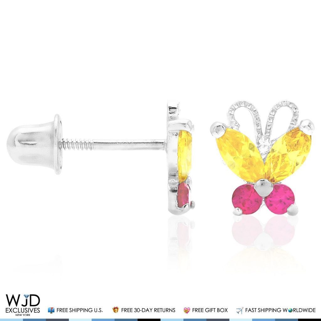 14K Solid White Gold Citrine & Ruby Butterfly Baby Screwback Stud Kids Earrings