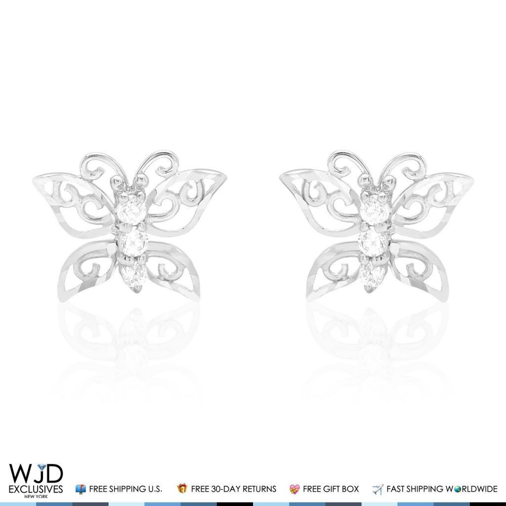 14K Solid White Gold Diamond Cut White Zircon Butterfly Screwback Stud Earrings