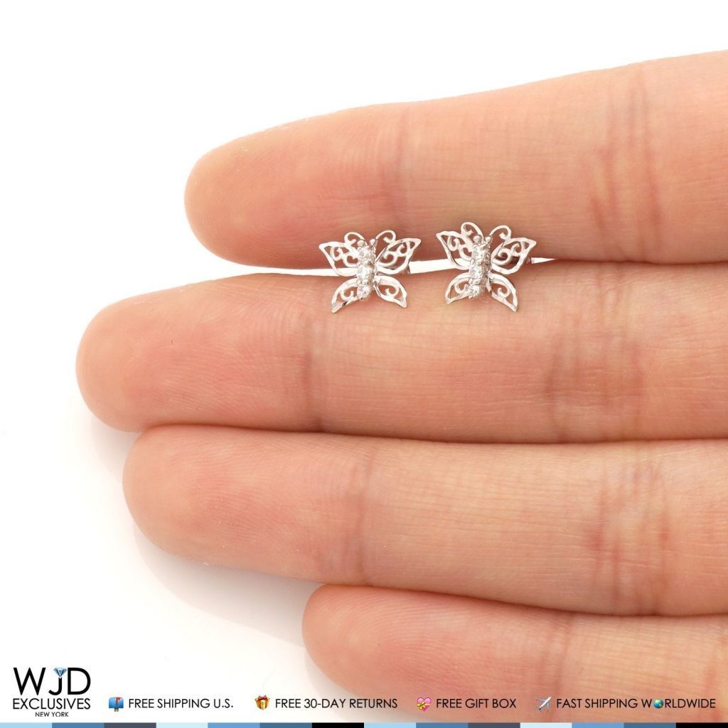 14K Solid White Gold Diamond Cut White Zircon Butterfly Screwback Stud Earrings