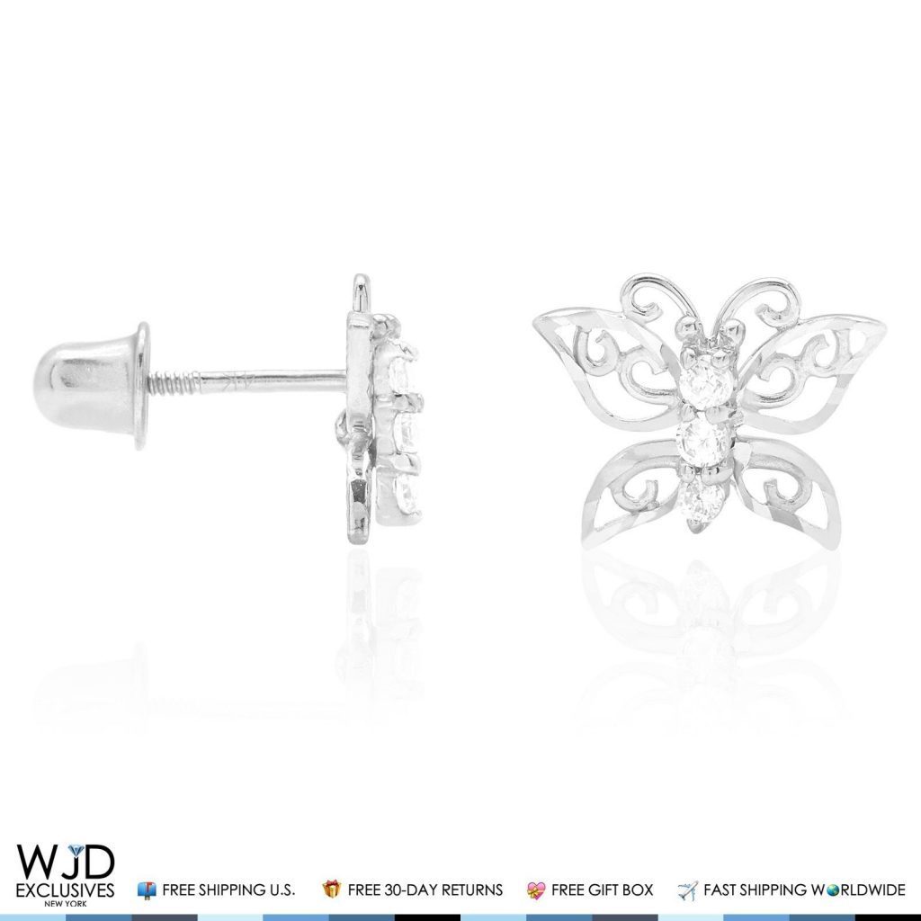 14K Solid White Gold Diamond Cut White Zircon Butterfly Screwback Stud Earrings