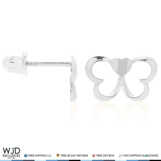 14K White Gold Open Heart Butterfly Baby Screwback Stud Kid Earrings