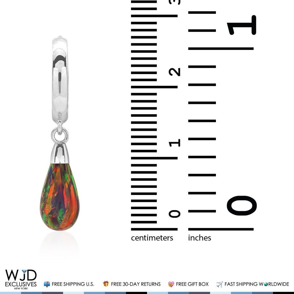 14K Solid White Gold Pear Shaped Black Fire Opal Huggie Hoop Dangle Earrings 1"