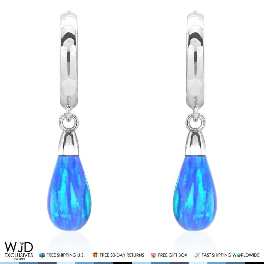14K Solid White Gold Pear Shaped Blue Fire Opal Huggie Hoop Dangle Earrings 1"