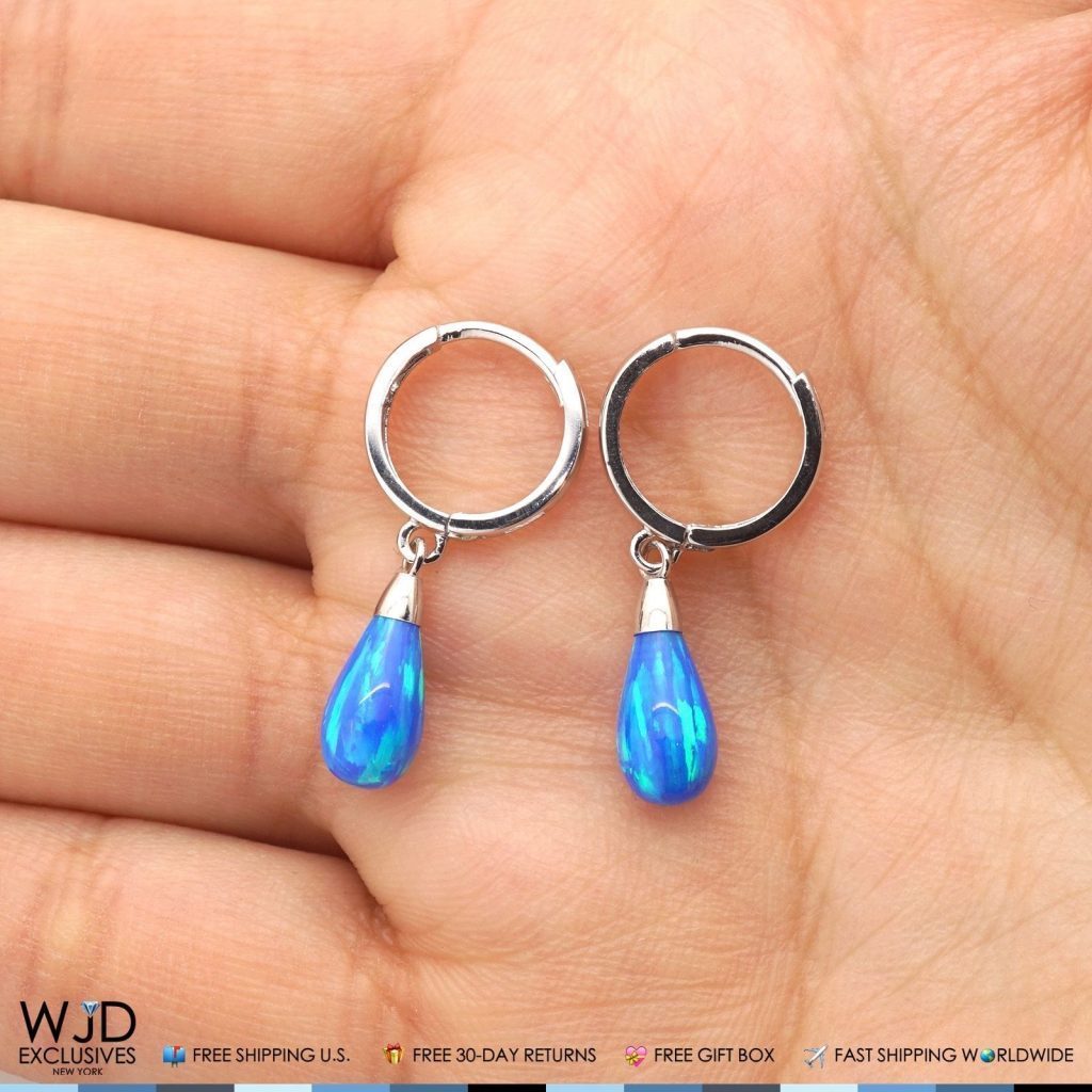 14K Solid White Gold Pear Shaped Blue Fire Opal Huggie Hoop Dangle Earrings 1"