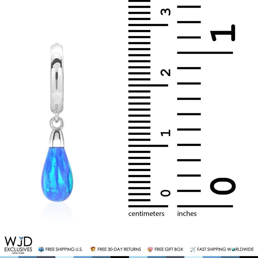 14K Solid White Gold Pear Shaped Blue Fire Opal Huggie Hoop Dangle Earrings 1"