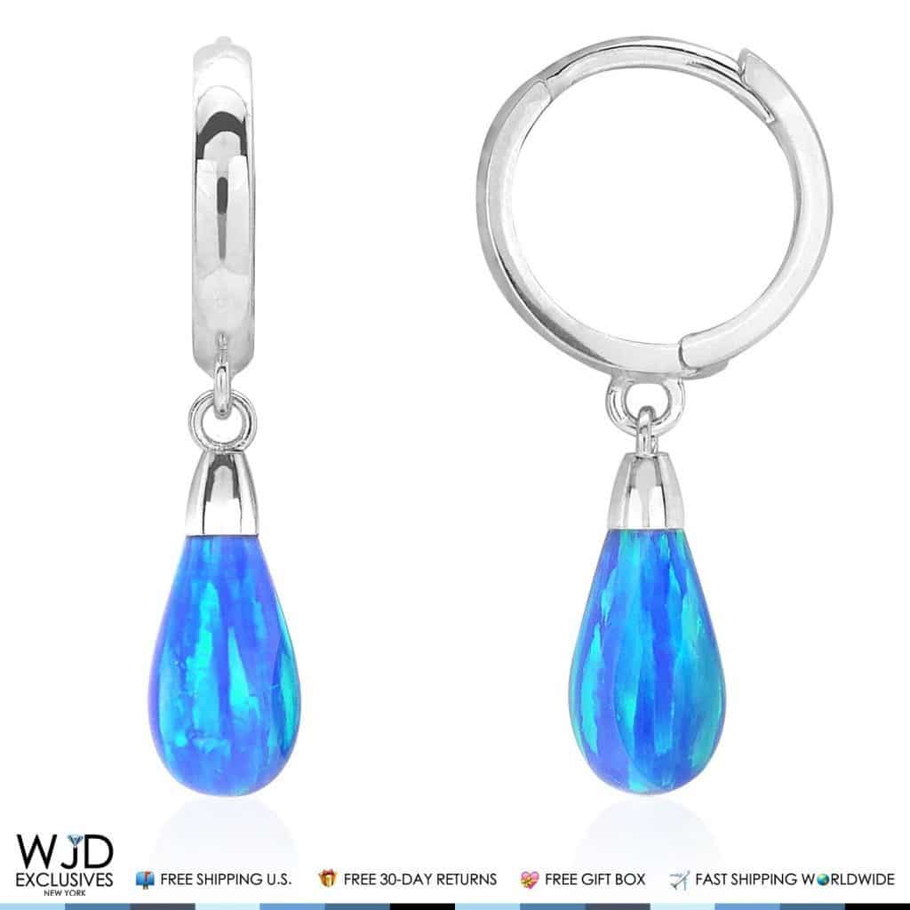 14K Solid White Gold Pear Shaped Blue Fire Opal Huggie Hoop Dangle Earrings 1"