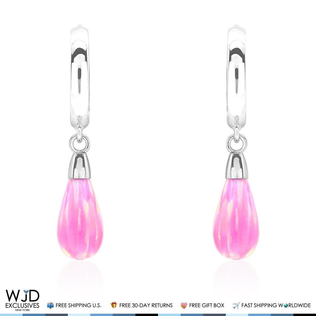 14K Solid White Gold Pear Shaped Pink Fire Opal Huggie Hoop Dangle Earrings 1"