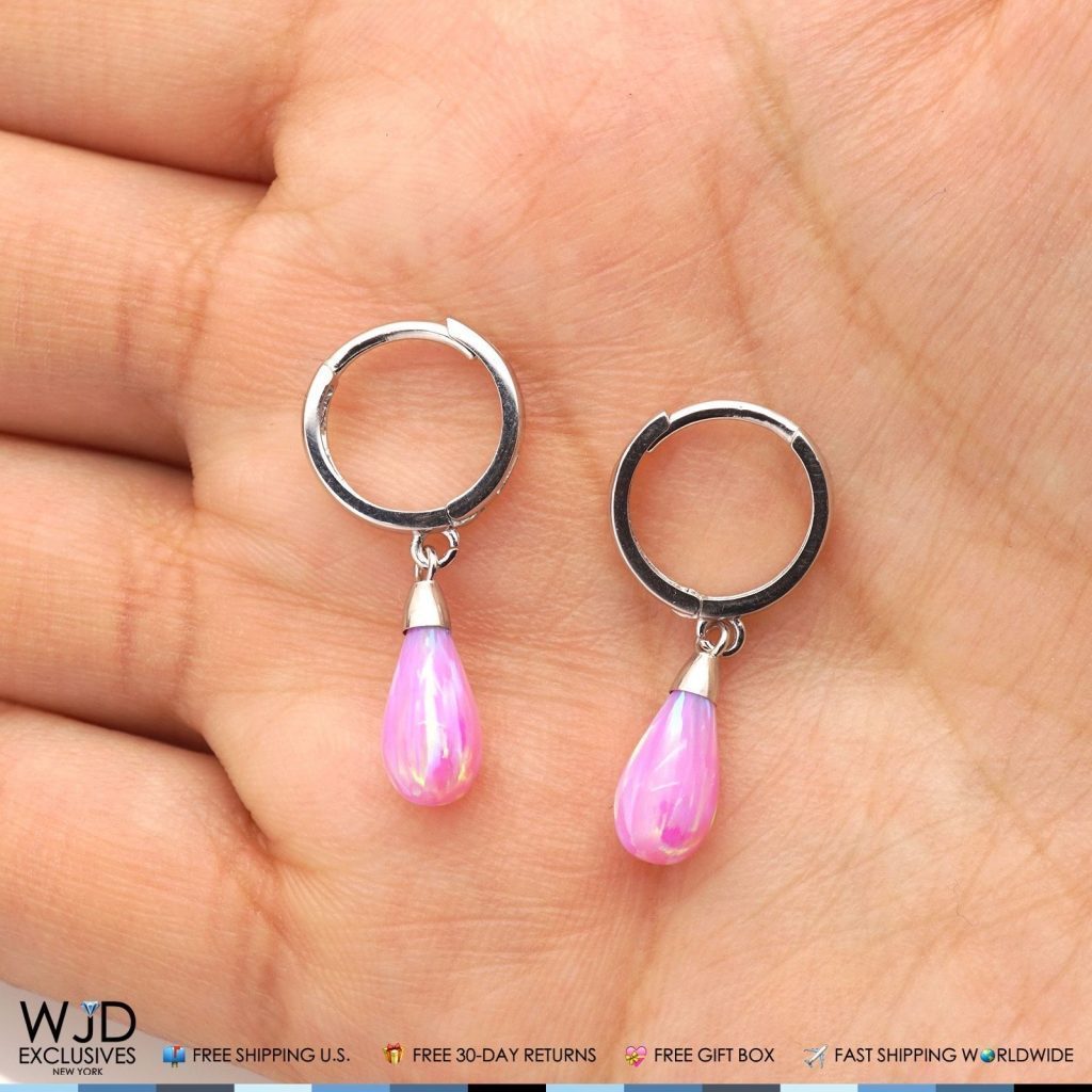 14K Solid White Gold Pear Shaped Pink Fire Opal Huggie Hoop Dangle Earrings 1"