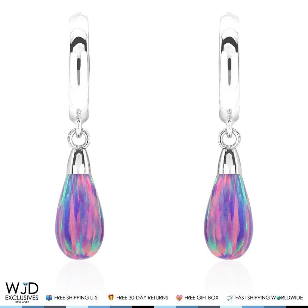 14K Solid White Gold Pear Shaped Purple Fire Opal Huggie Hoop Dangle Earrings 1"
