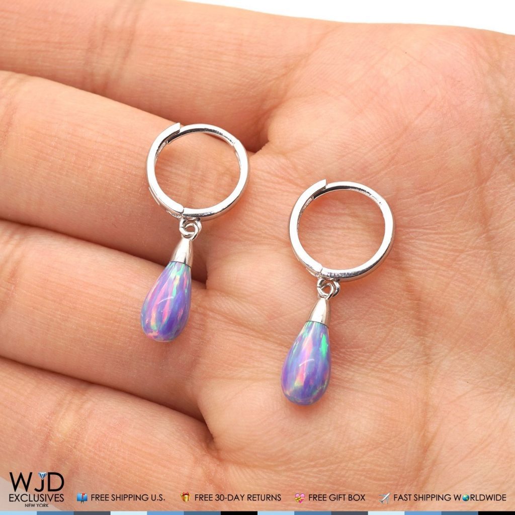 14K Solid White Gold Pear Shaped Purple Fire Opal Huggie Hoop Dangle Earrings 1"