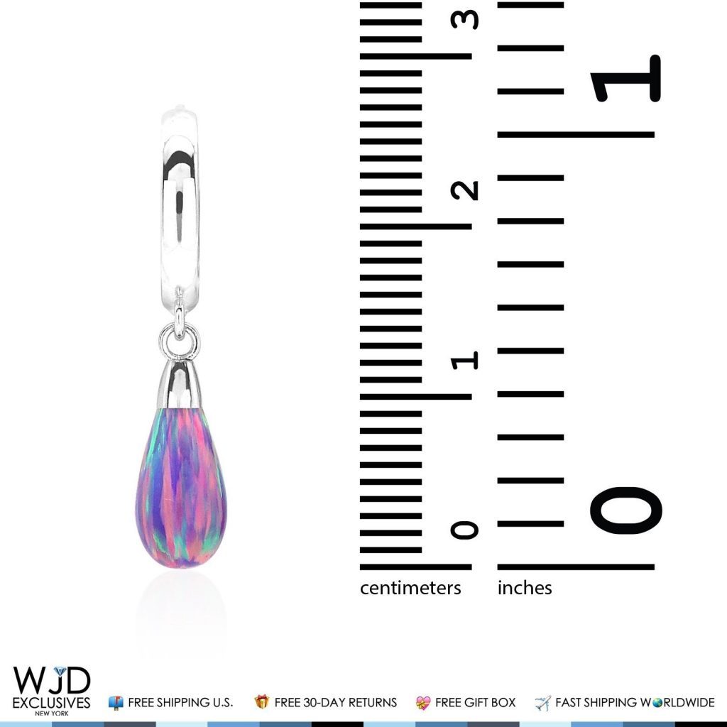 14K Solid White Gold Pear Shaped Purple Fire Opal Huggie Hoop Dangle Earrings 1"