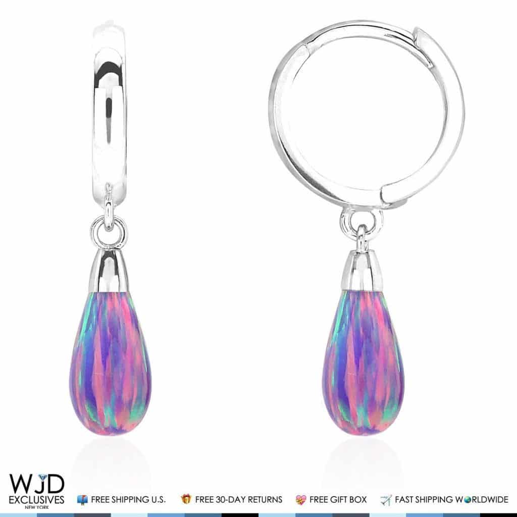 14K Solid White Gold Pear Shaped Purple Fire Opal Huggie Hoop Dangle Earrings 1"