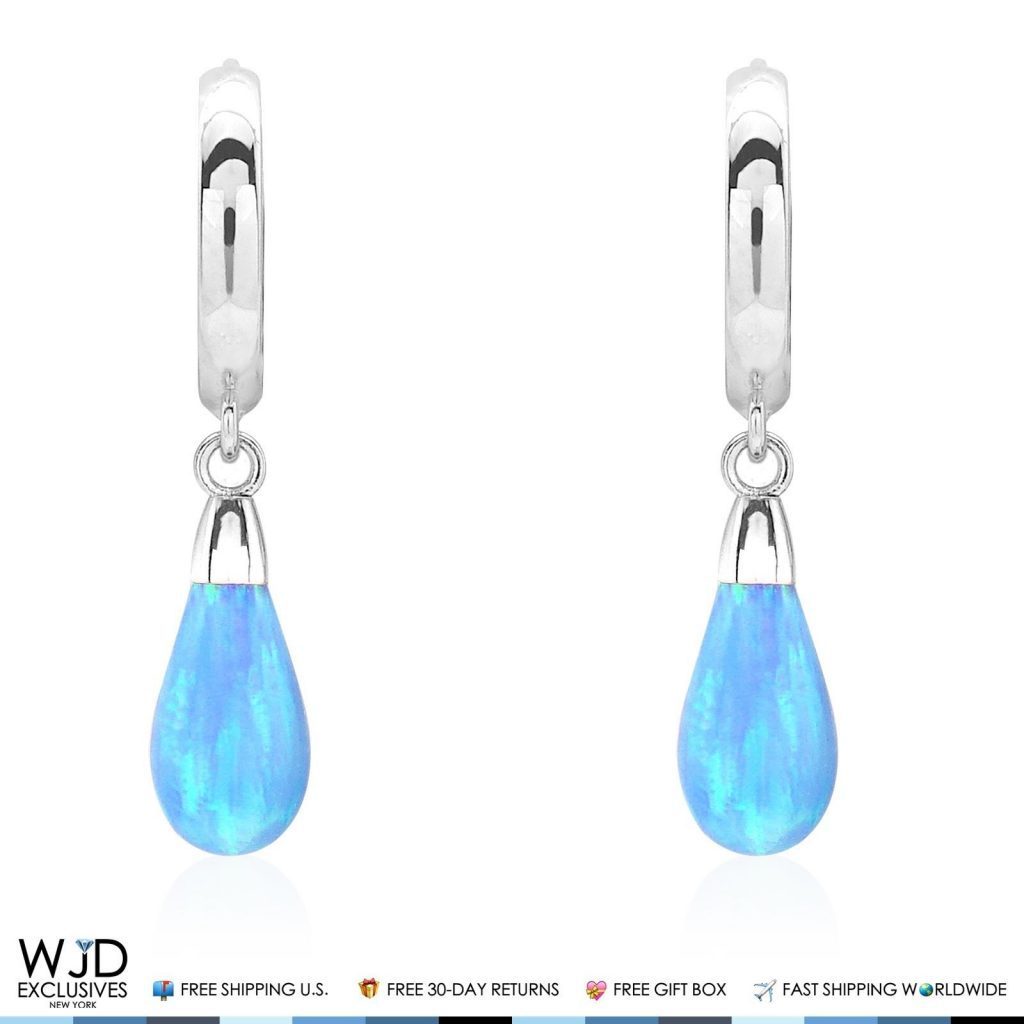 14K Solid White Gold Pear Shaped Sky Blue Fire Opal Huggie Hoop Dangle Earrings