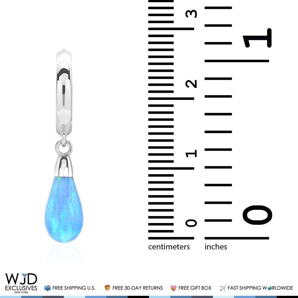 14K Solid White Gold Pear Shaped Sky Blue Fire Opal Huggie Hoop Dangle Earrings