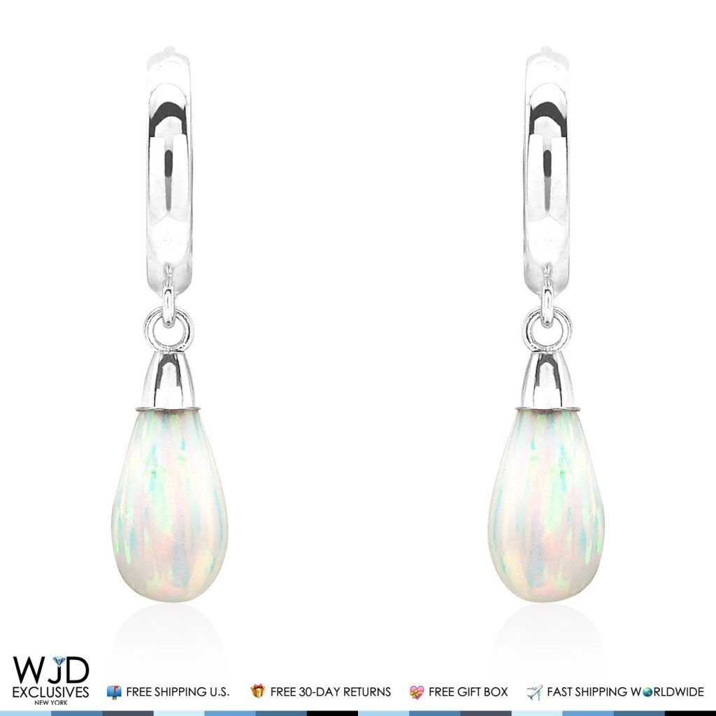 14K Solid White Gold Pear Shaped White Fire Opal Huggie Hoop Dangle Earrings 1"