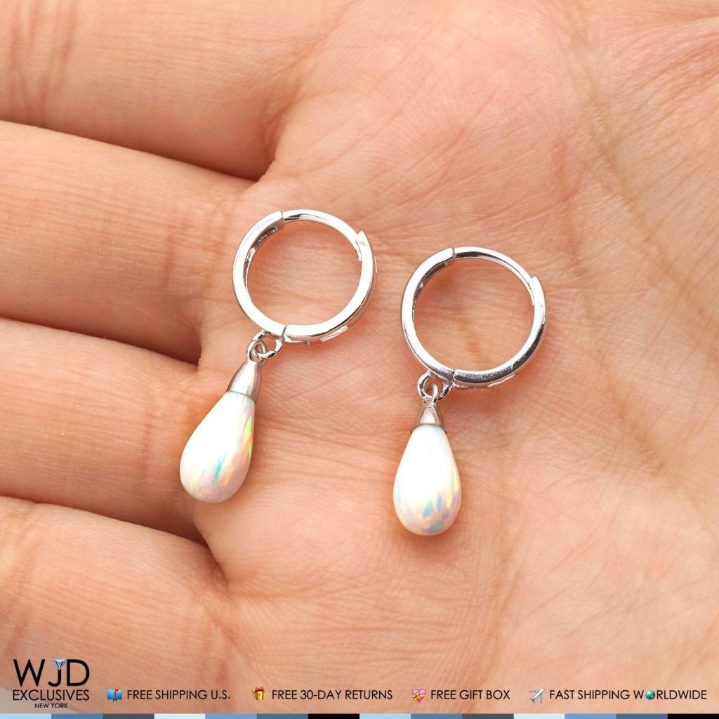 14K Solid White Gold Pear Shaped White Fire Opal Huggie Hoop Dangle Earrings 1"