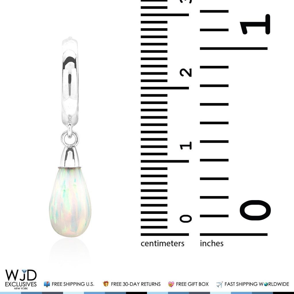 14K Solid White Gold Pear Shaped White Fire Opal Huggie Hoop Dangle Earrings 1"